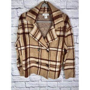 RACHEL ZOE Women's Brown Plaid Double Breasted Stretch Sweater Medium